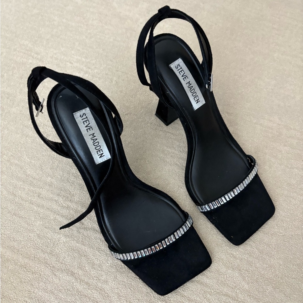 Steve Madden Black square toe suede ankle strap heel